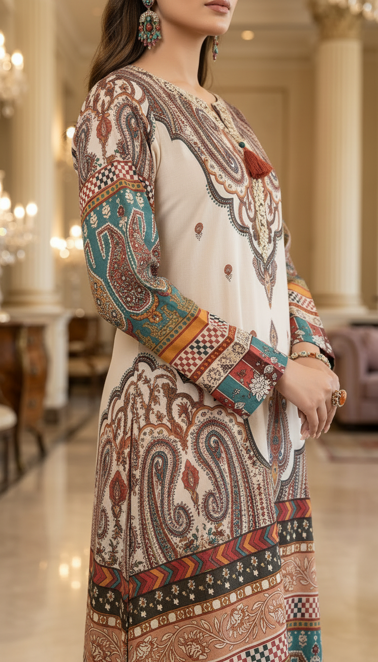 Iqsam Multicolour Linen Printed 2 Pcs Kaftan