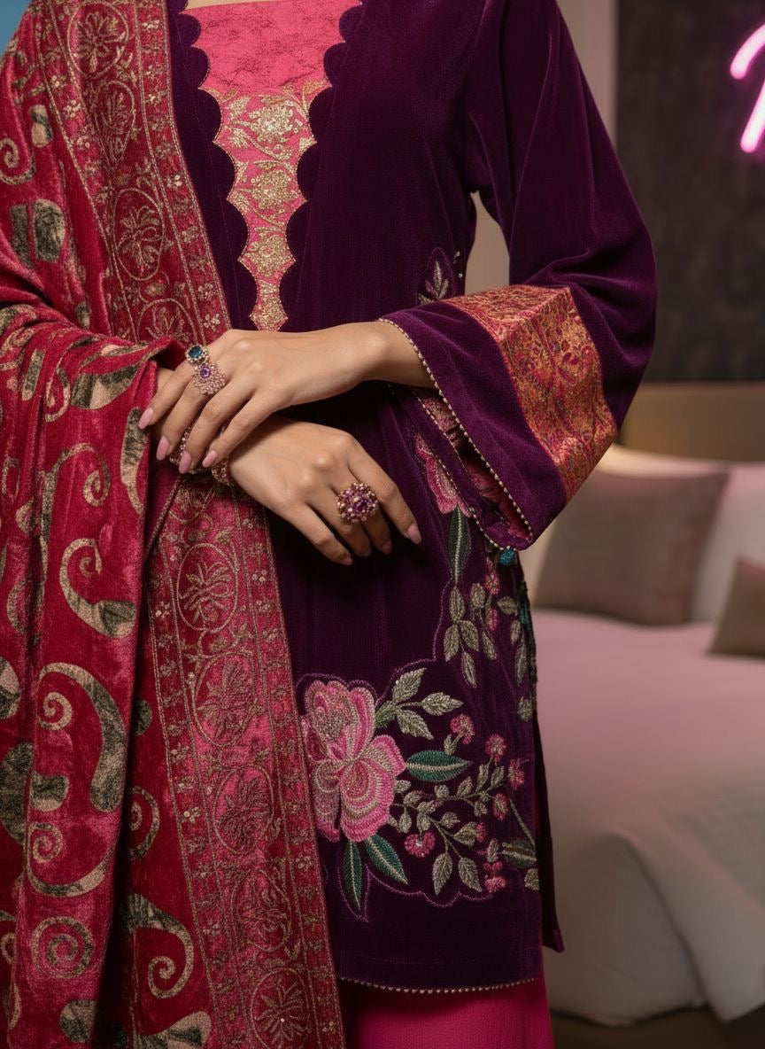 Hajra Purple Velvet Ready to Wear 3 Pcs Embroidered Dress with Palachi
