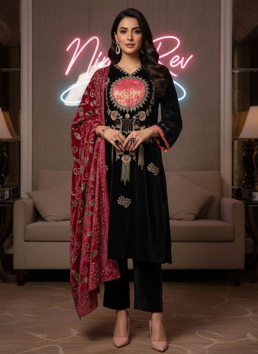 Hala Black Velvet Ready to Wear 3 Pcs Embroidered Dress