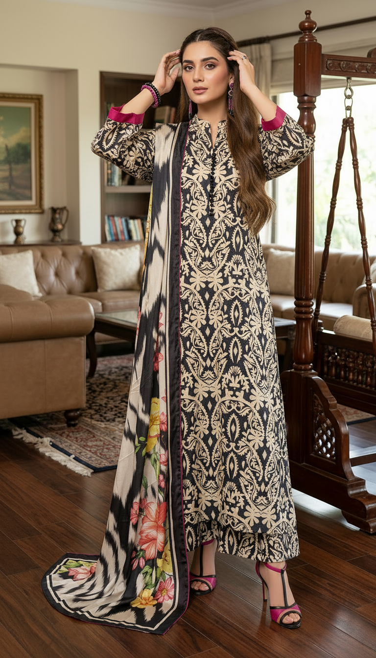 Mateer Navy Classic Ready to Wear 3 Pcs Dress with Silk dopatta