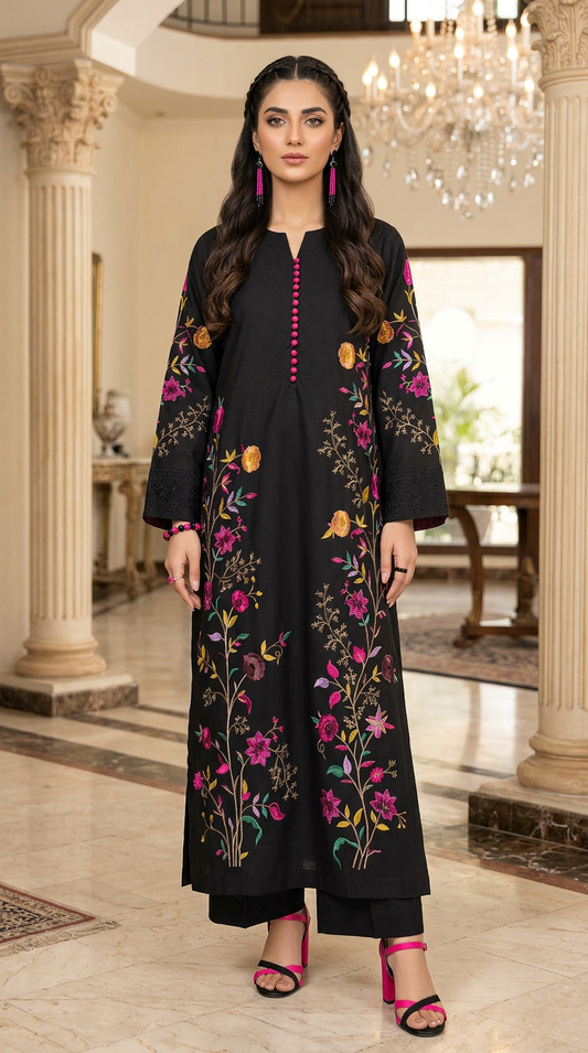 Black Flora Multicolour Fully Embroidered 2 Pcs Dress