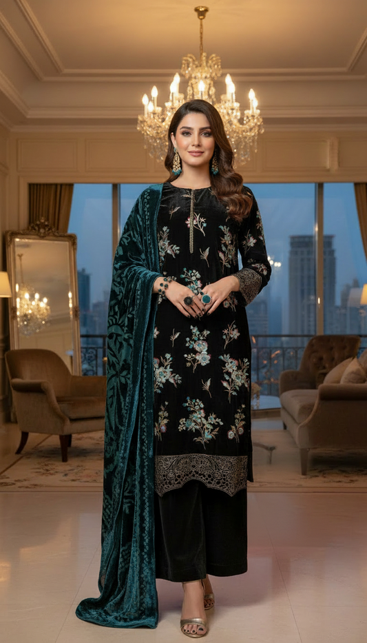 Marvi Black Velvet Ready to Wear 3 Pcs Embroidered Dress