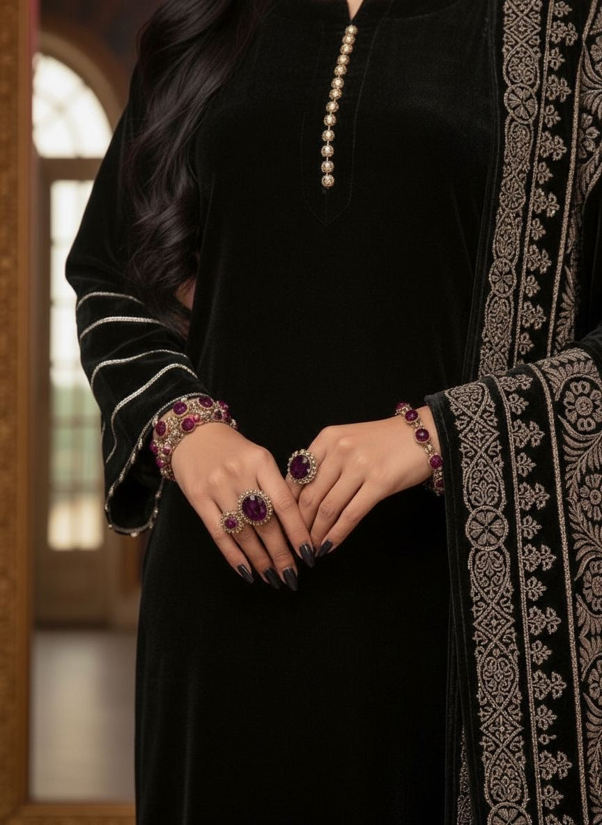Gulnaz Black Velvet Ready to Wear 3 Pcs Dress
