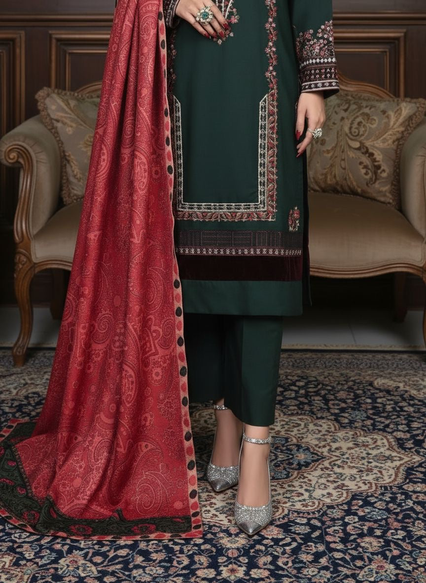 Green Classic Marina Ready to Wear 3 Pcs Embroidered Dress