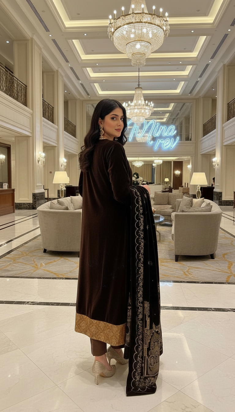 Milani Brown Velvet Ready to Wear 3 Pcs Dress with Velvet shawl