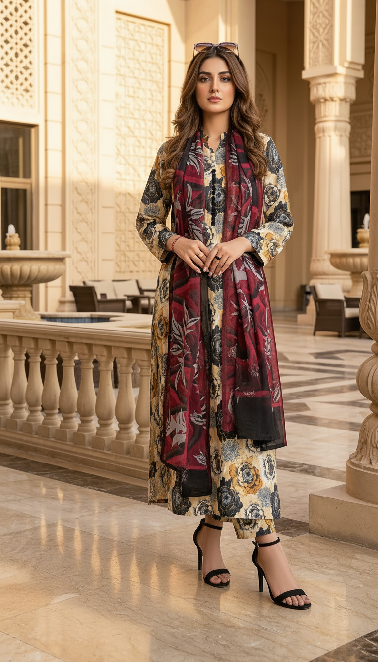 Azma Ready to Wear 3 Pcs Linen Dress with Chiffon dopatta