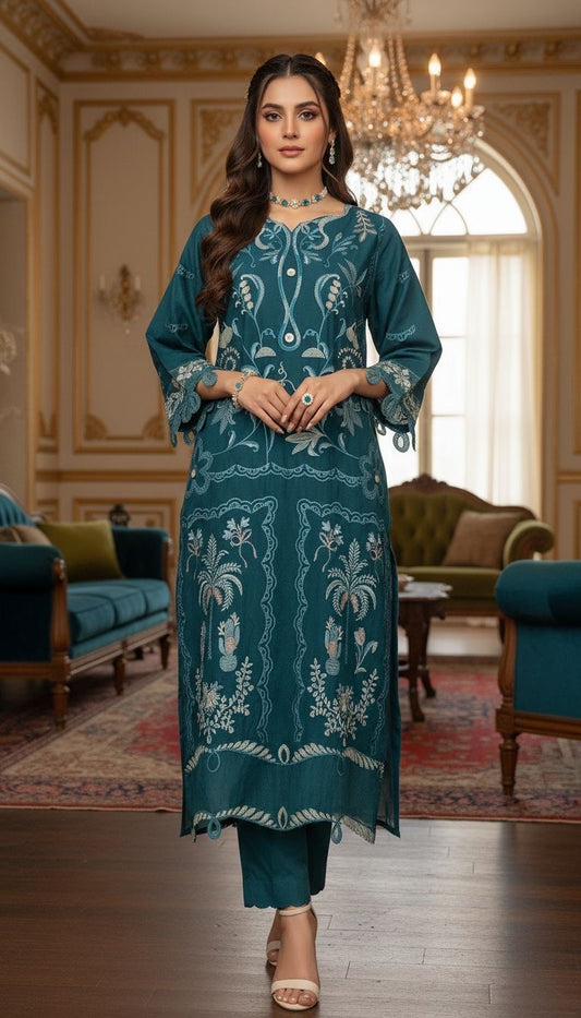 Rubab Teal Ready to Wear 3 Pcs Full Embroidered  Lawn Dress
