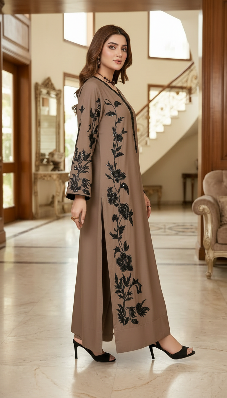 Shezana Brown Embroidered 2 Pcs kaftan Dress