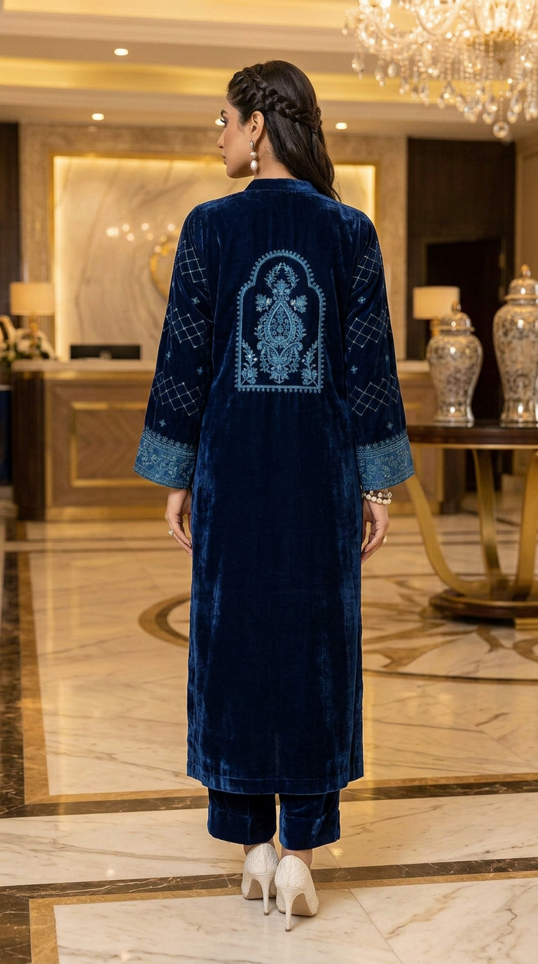 Lazen Navy Velvet Embroidered 2 Pcs Dress
