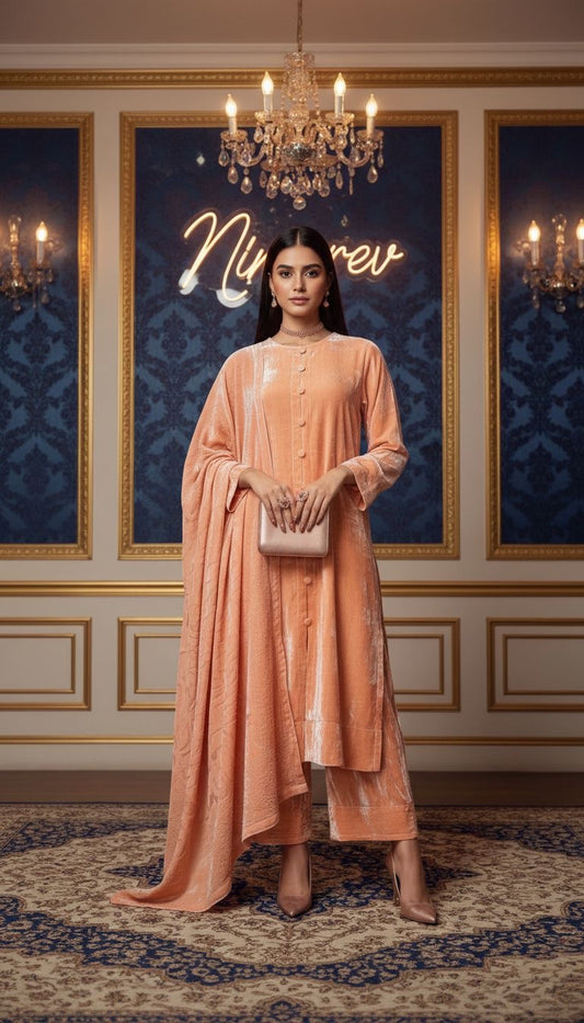 Rehar Peach French Velvet Ready to Wear 3 Pcs Dress