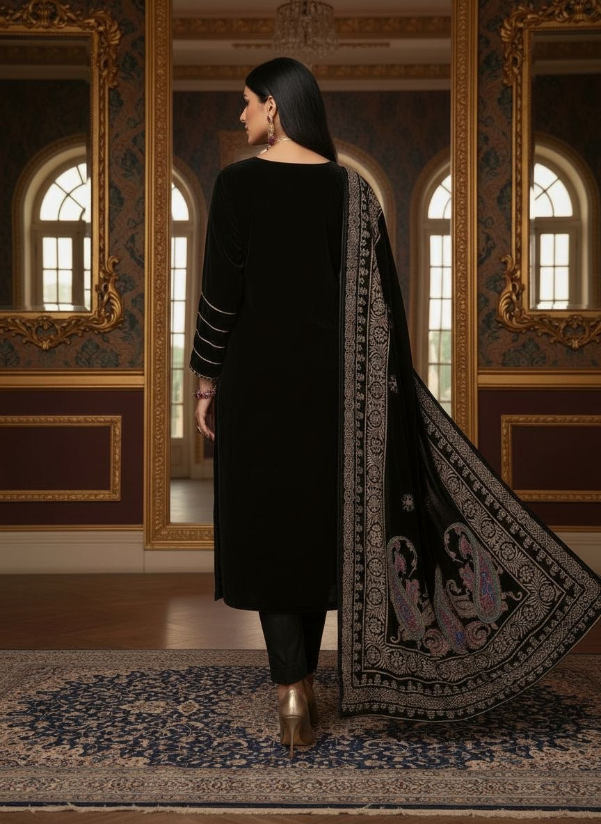 Gulnaz Black Velvet Ready to Wear 3 Pcs Dress
