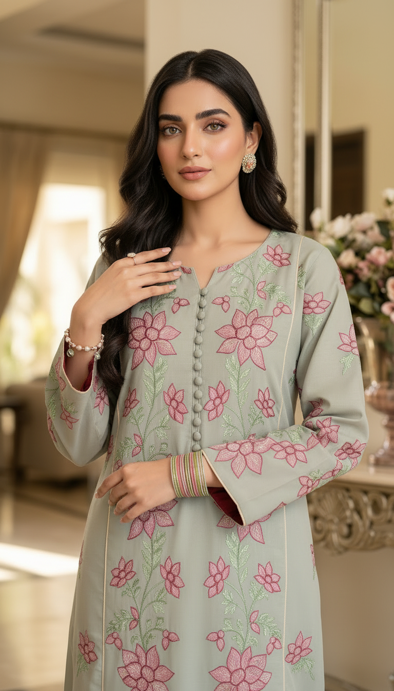 Akasha Flower Embroidered 2 Pcs Kaftan Dress