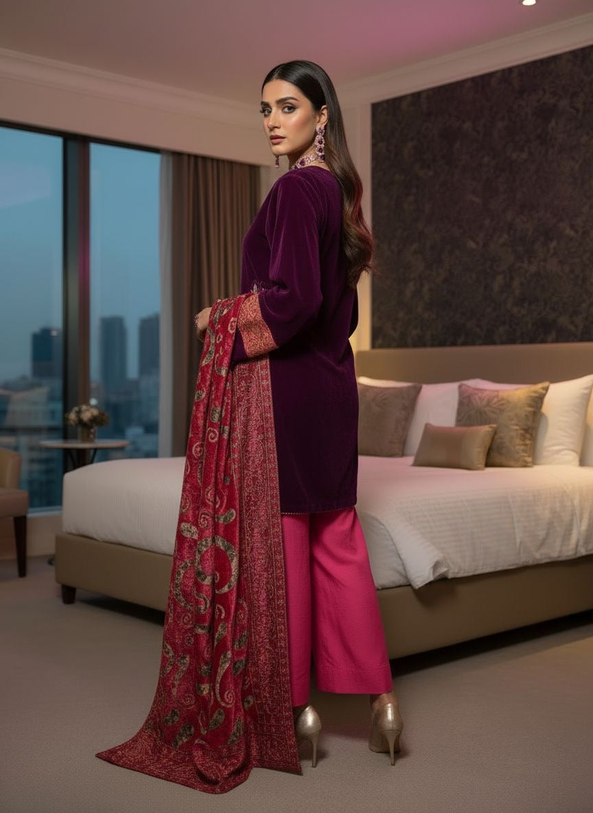 Hajra Purple Velvet Ready to Wear 3 Pcs Embroidered Dress with Palachi