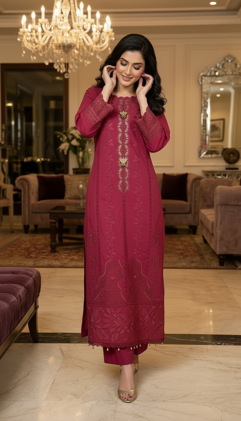 Jenia Pink Fully Embroidered 2 Pcs Kaftan Dress