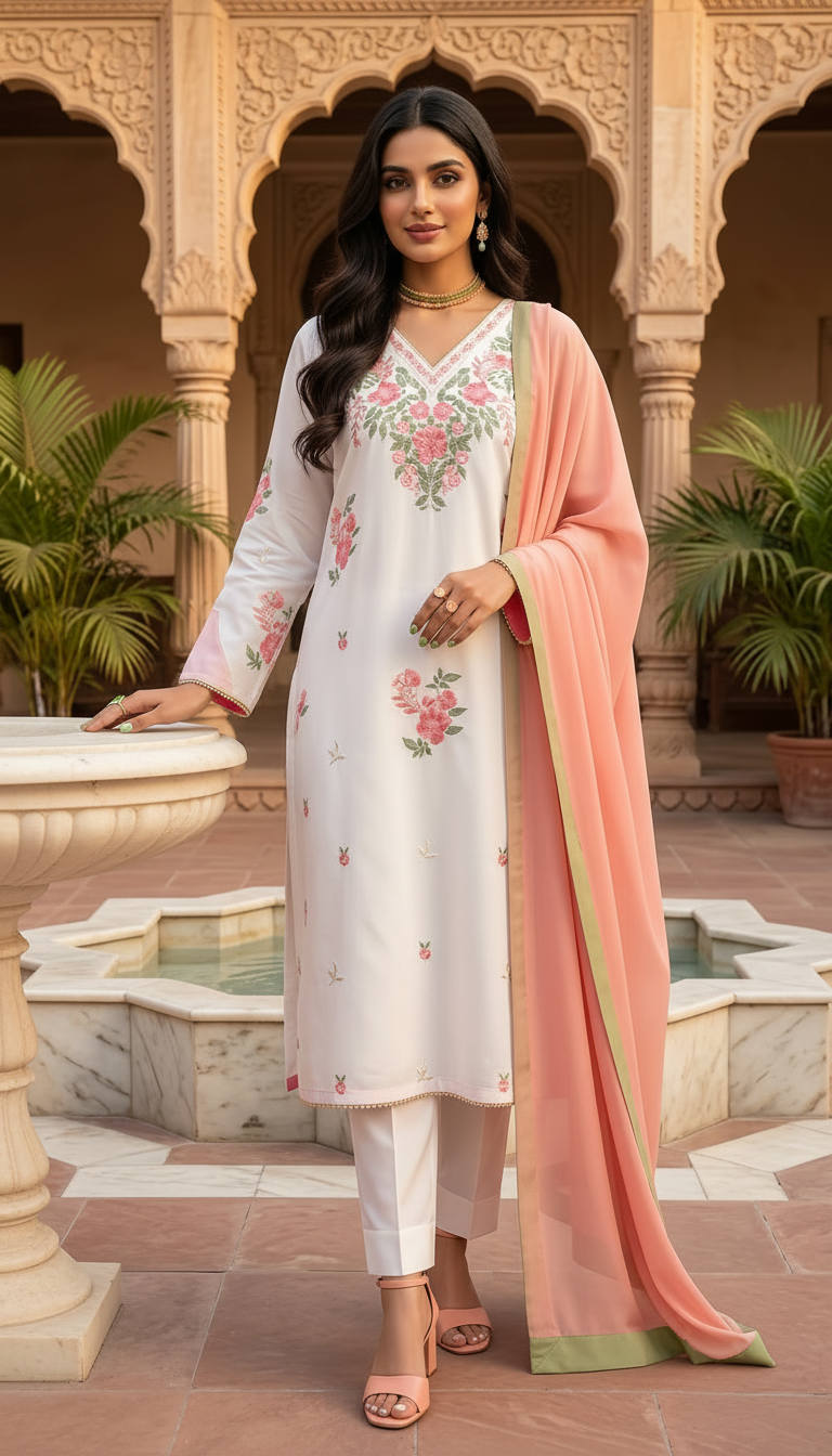 Hiba Cream Ready to Wear 3 Pcs Embroidered Dress