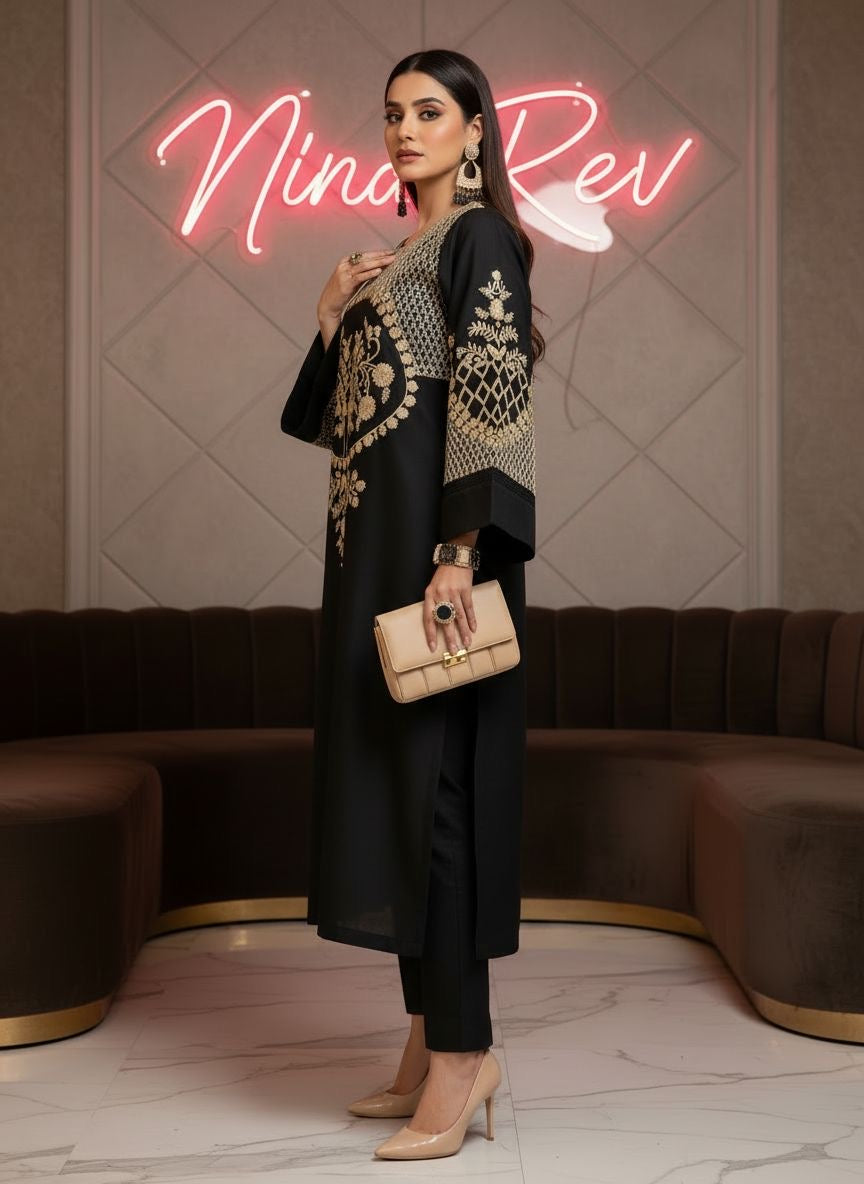Merab Black Ready to Wear 2 Pcs Embroidered Dress