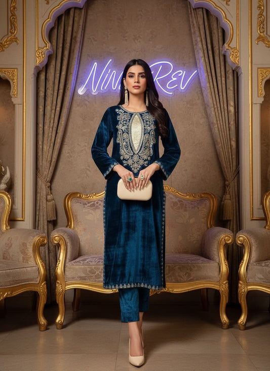 Husna Teal Velvet Ready to Wear 2 pcs Dress