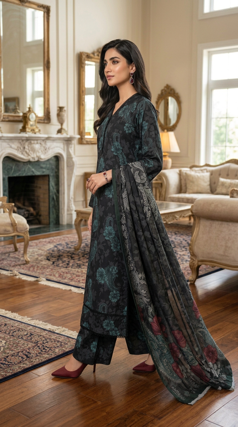Mahnur Grey Ready to Wear 3 Pcs Marina Dress with Marina Shawl
