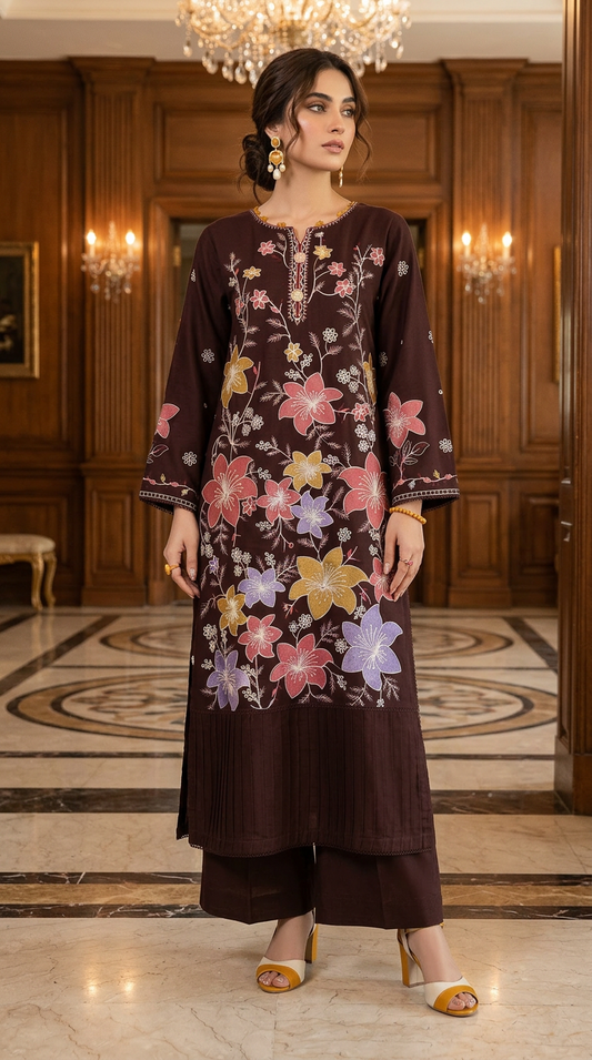 Brown Flower Ready to Wear 2 Pcs Embroidered Kaftan Dress