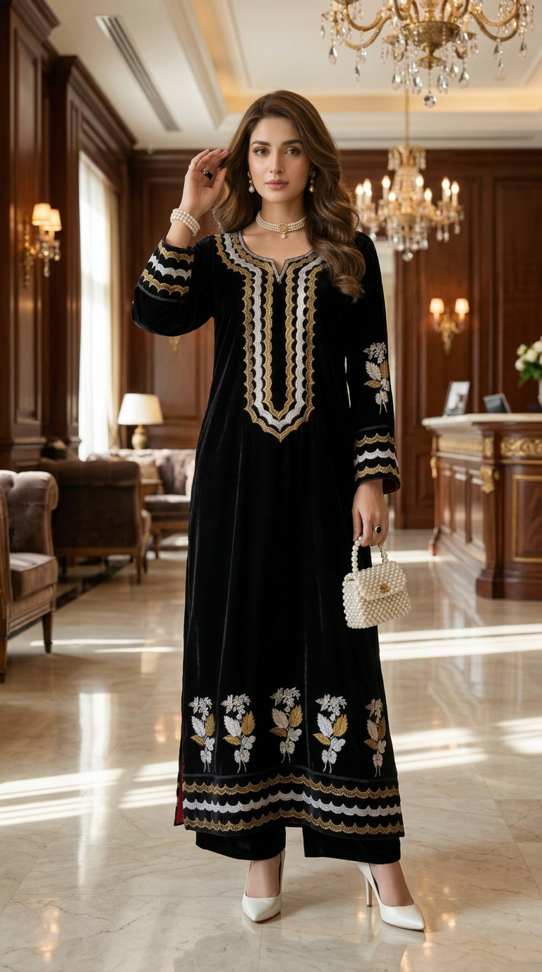Ajea Velvet Ready to Wear 2 PCS Embroidered Dress