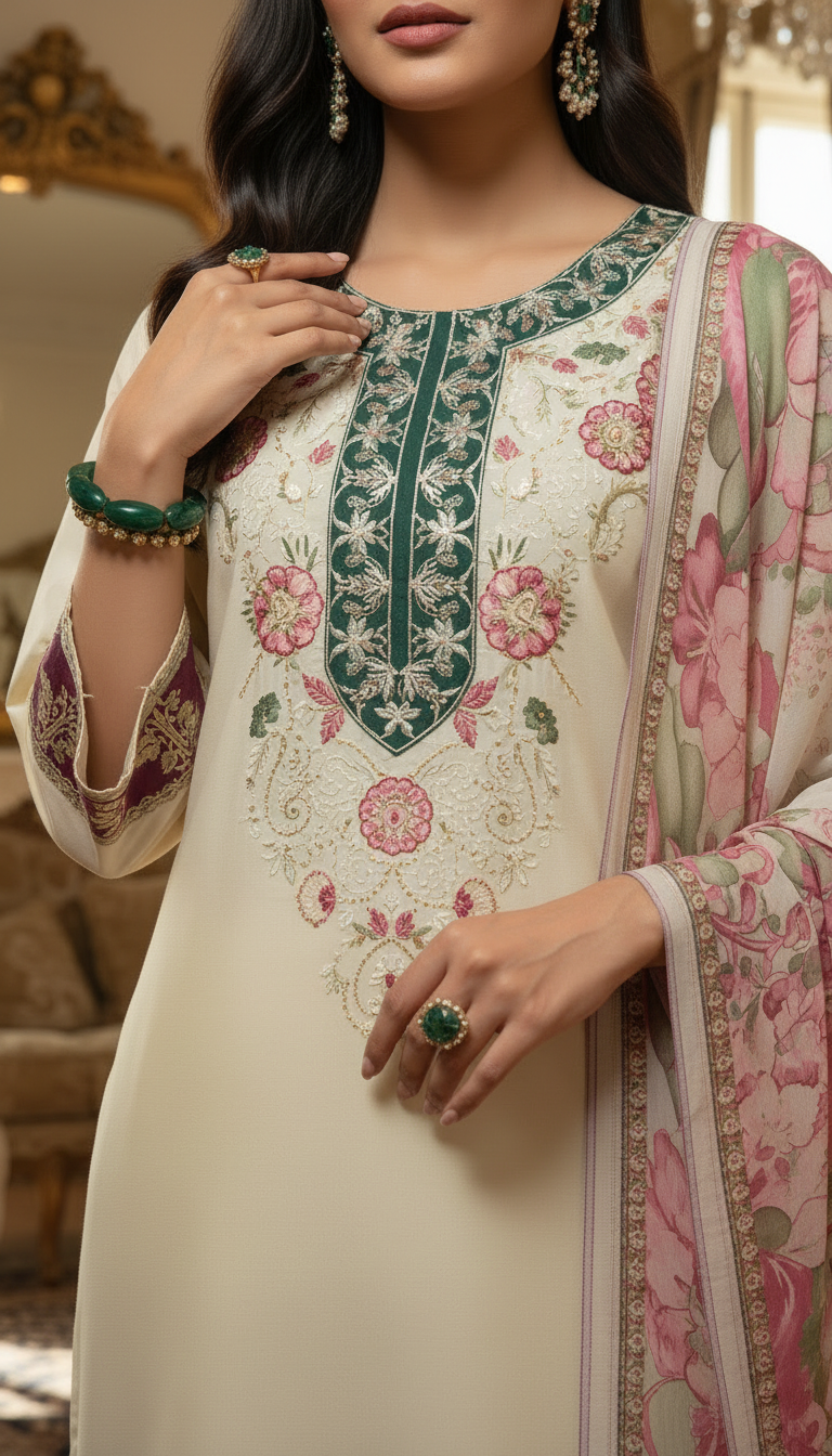 Salwa beige Embroidered 3 Pcs Dress with Chiffon dopatta