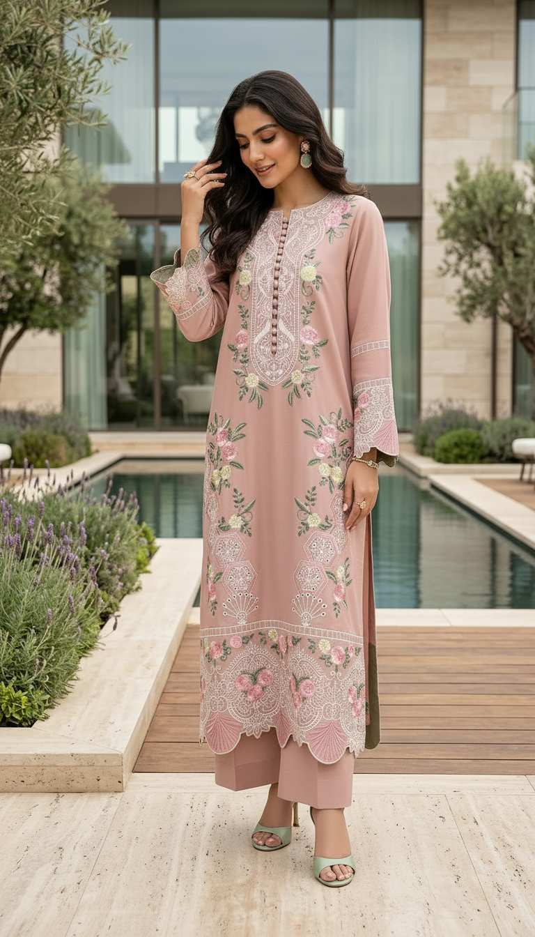 Irwa Pink Ready to Wear 2 Pcs Embroidered Dress