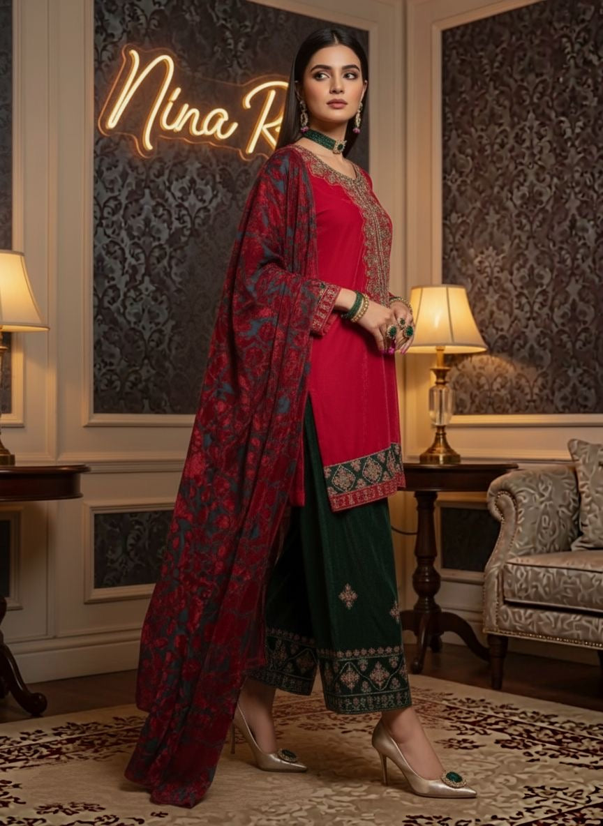Laajh Red Velvet Ready to Wear 3 Pcs Embroidered Dress