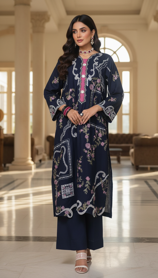Afghan Navy Embroidered 2 Pcs Kaftan Dress