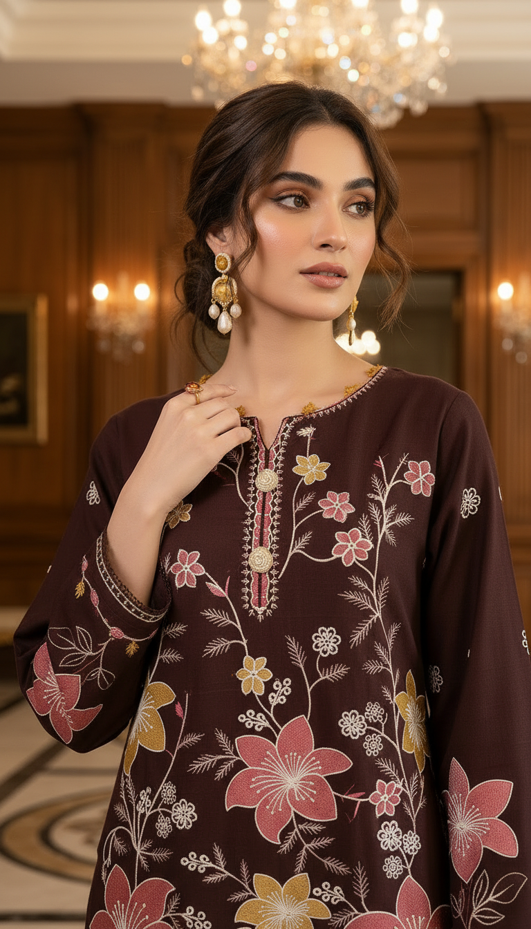 Brown Flower Ready to Wear 2 Pcs Embroidered Kaftan Dress