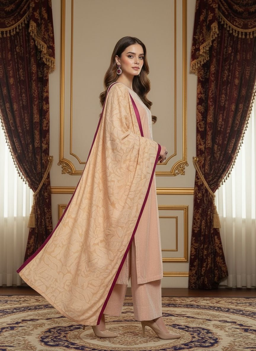 Pink Pearl Velvet 3 Pcs Embroidered Dress with Palachi Shawl