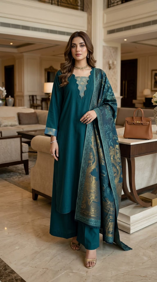 Sultana Teal Exclusive Kani Shawl 3 Pcs Dress