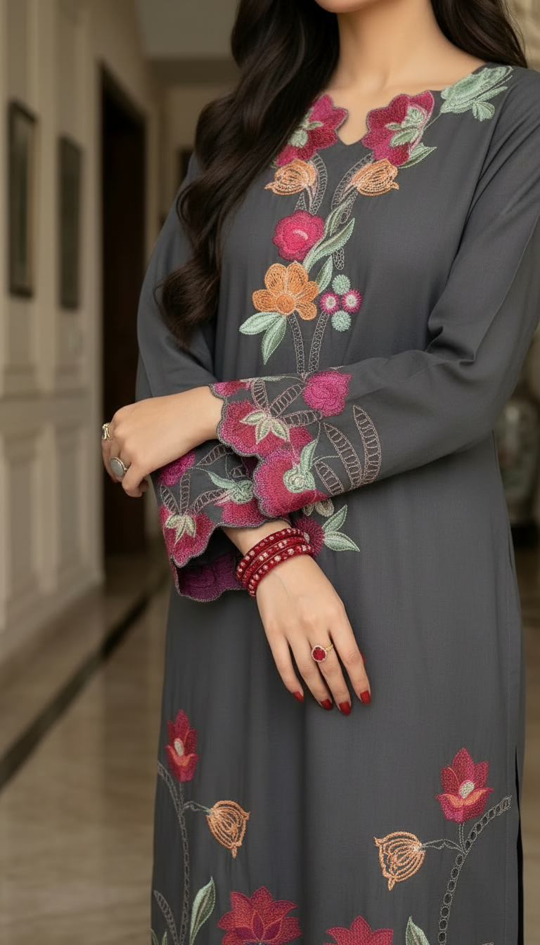 Grey Nirmala Ready to Wear 2 Pcs Embroidered Kaftan dress