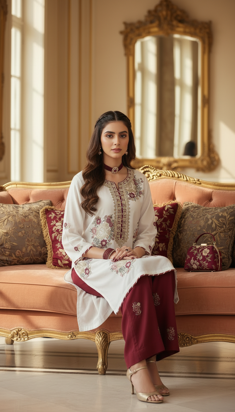 Dua White Ready to Wear 2 Pcs Embroidered Dress