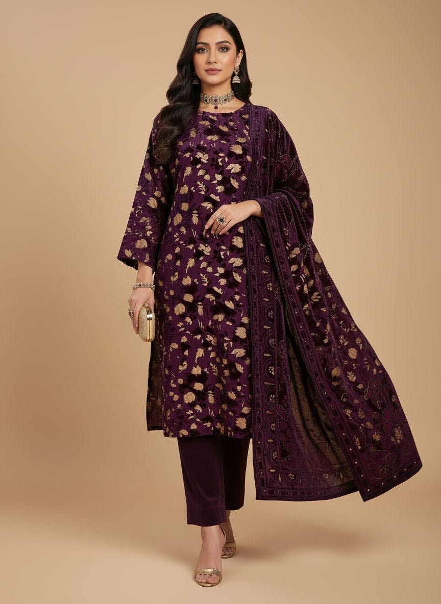 Full Purple Palachi Velvet Dress with Palachi Shawl and Velvet Trouser