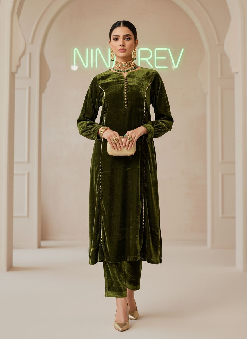 Green Velvet De Luxe Ready to Wear 2 Pcs Dress