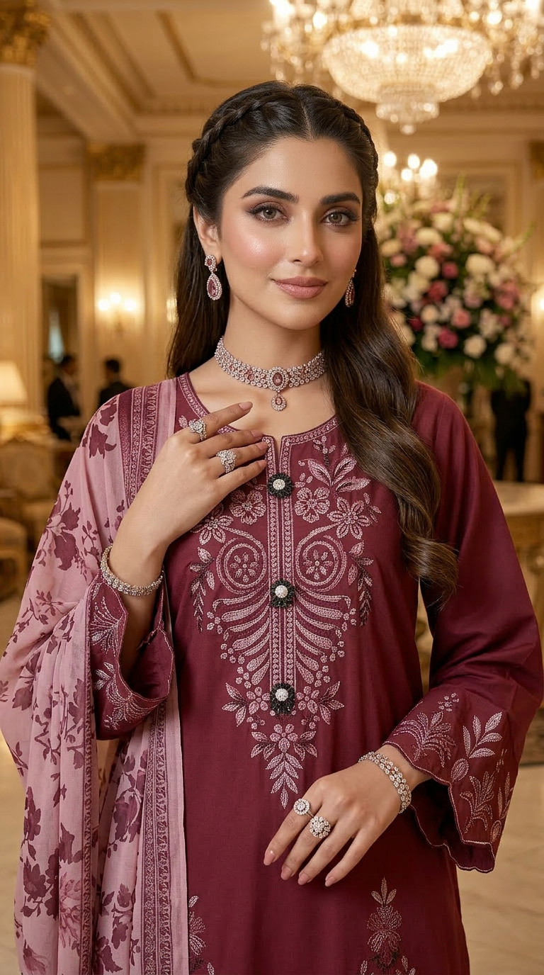 Kash pink Embroidered Ready to Wear 3 Pcs Dress with Chiffon dopatta