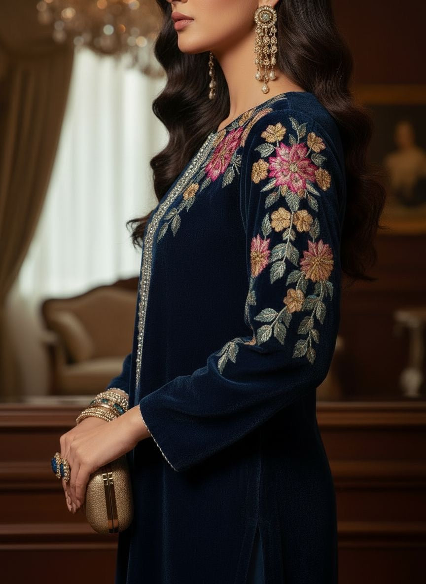 Haniya Teal Velvet Embroidered 2 Pcs Dress