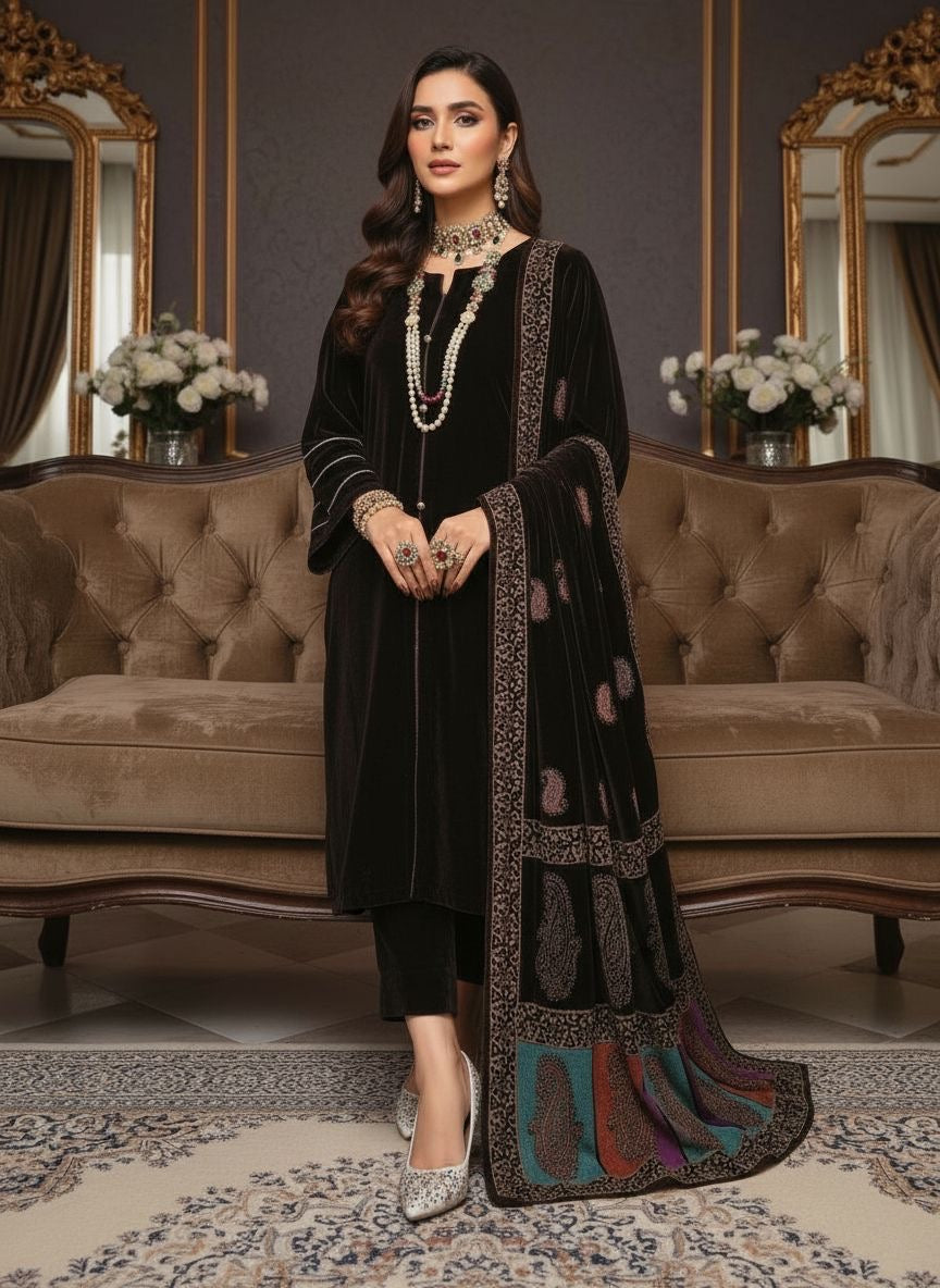 Raniyah Brown Velvet Ready to Wear 3 Pcs Dress