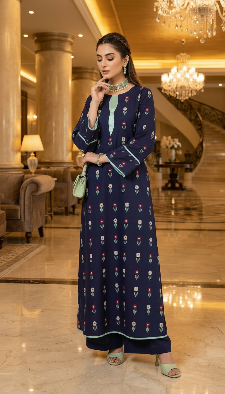 Blue Cross stitch Slub Fully Embroidered Dress