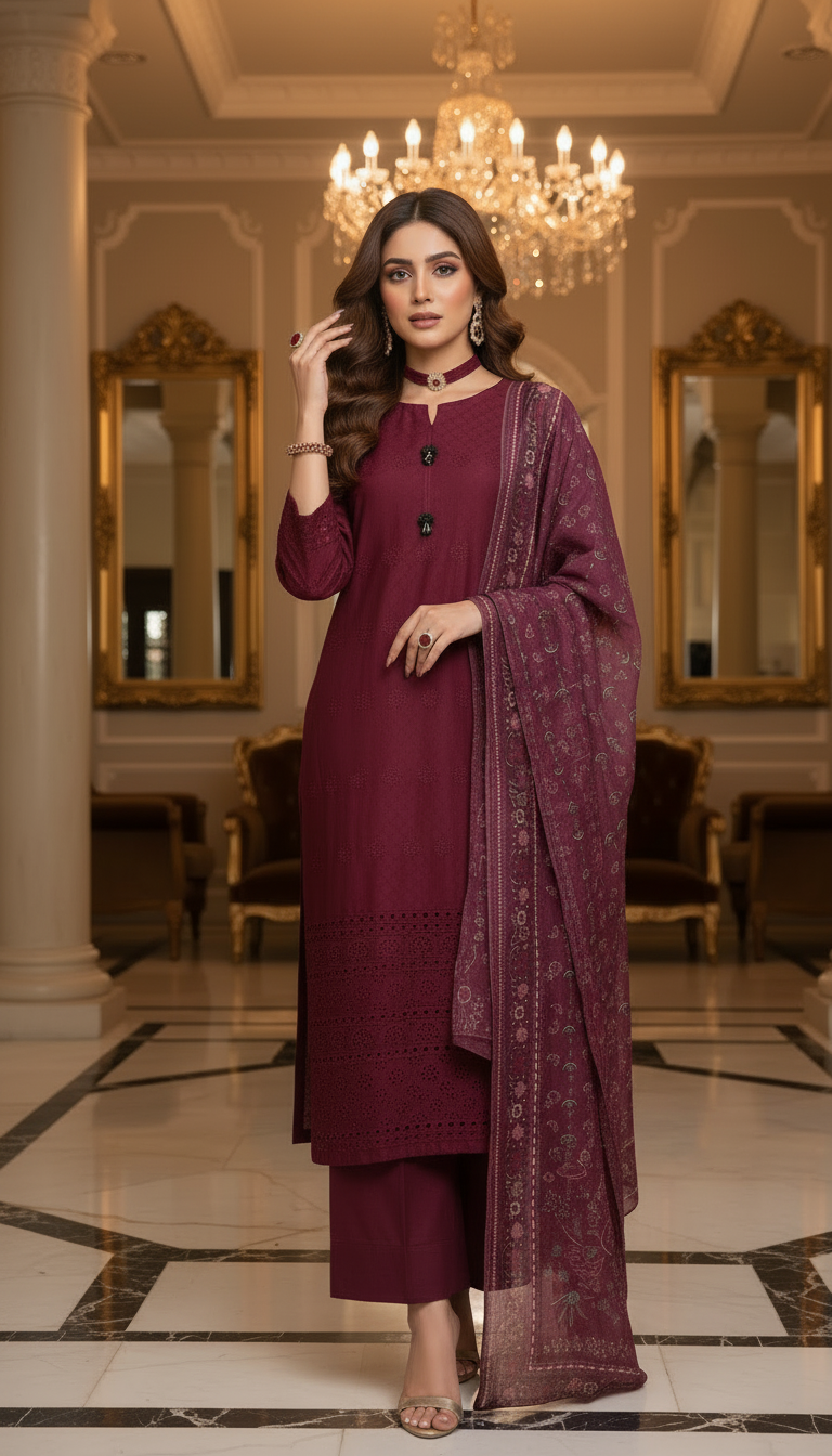 Taiba Maroon Ready to Wear 3 Pcs Chikankari Embroidered Dress