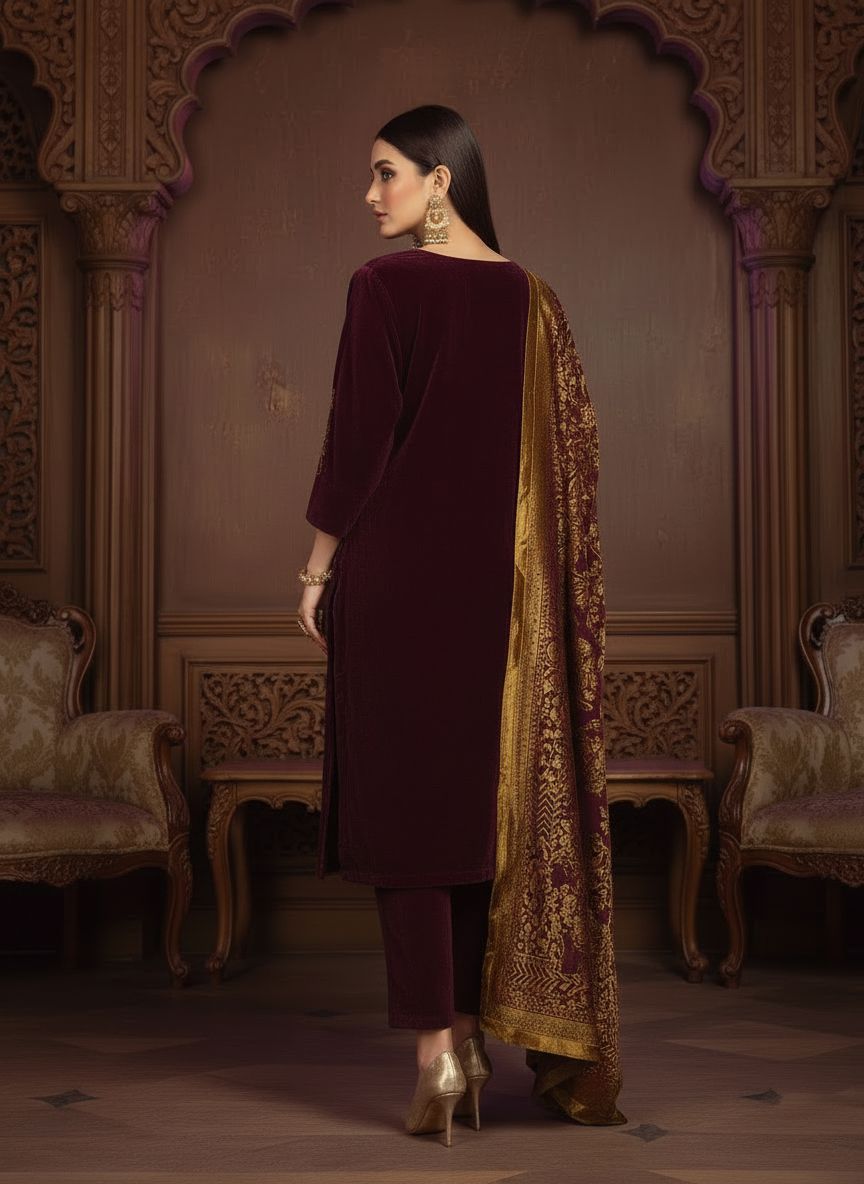 Ghazali Velvet Ready to Wear 3 Pcs Embroidered Dress