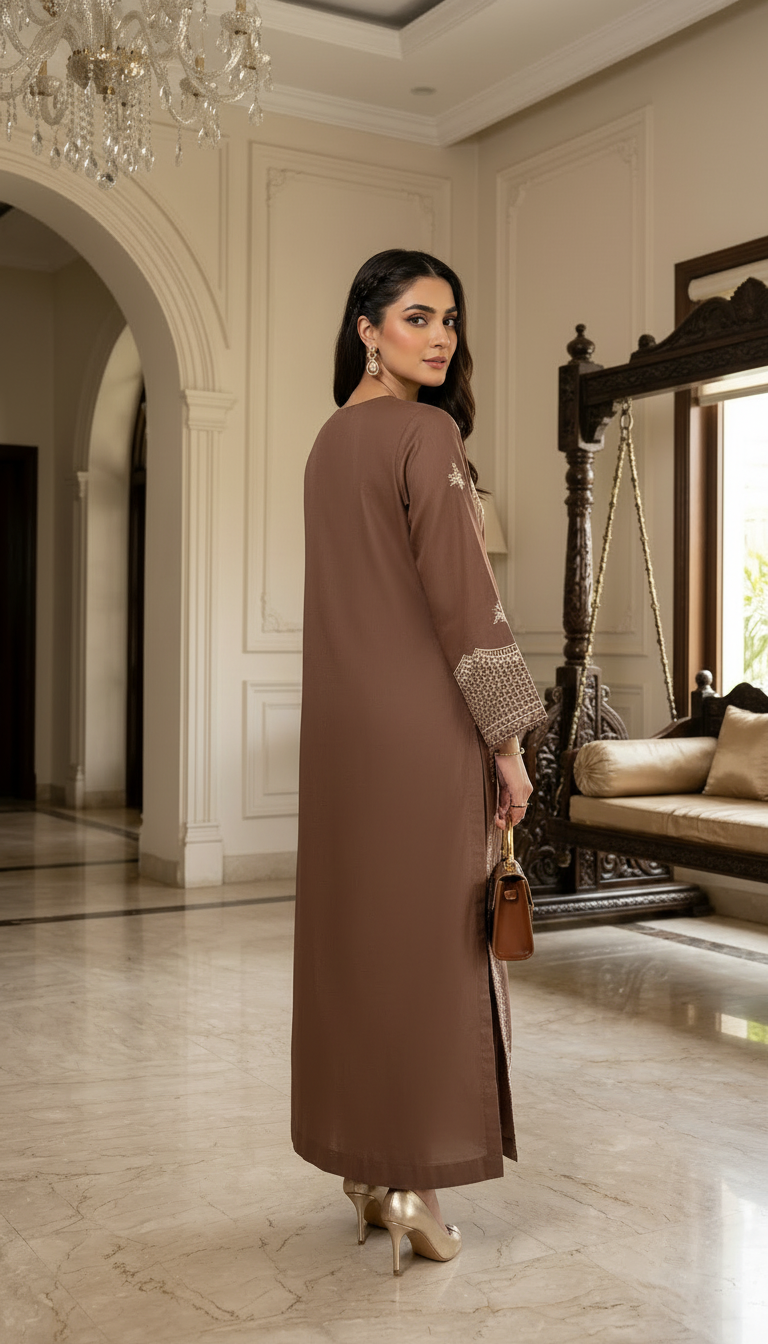Nisa Dusty Pink Fully Embroidered 2 Pcs Viscose Kaftan