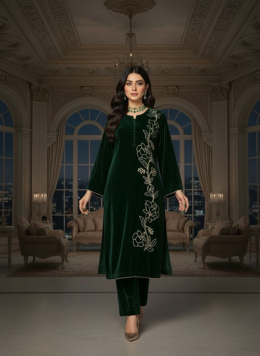 Natalia Green Velvet 2 Pcs Embroidered Dress