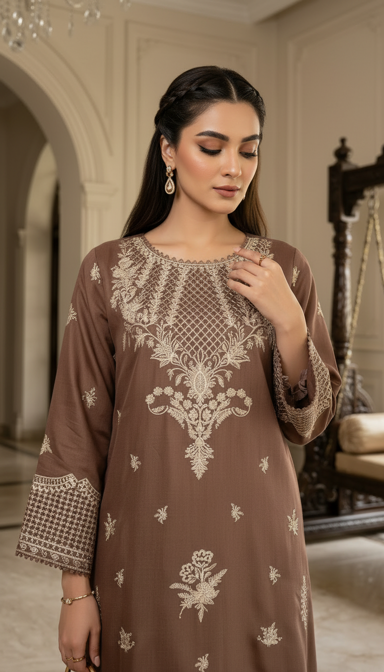Nisa Dusty Pink Fully Embroidered 2 Pcs Viscose Kaftan