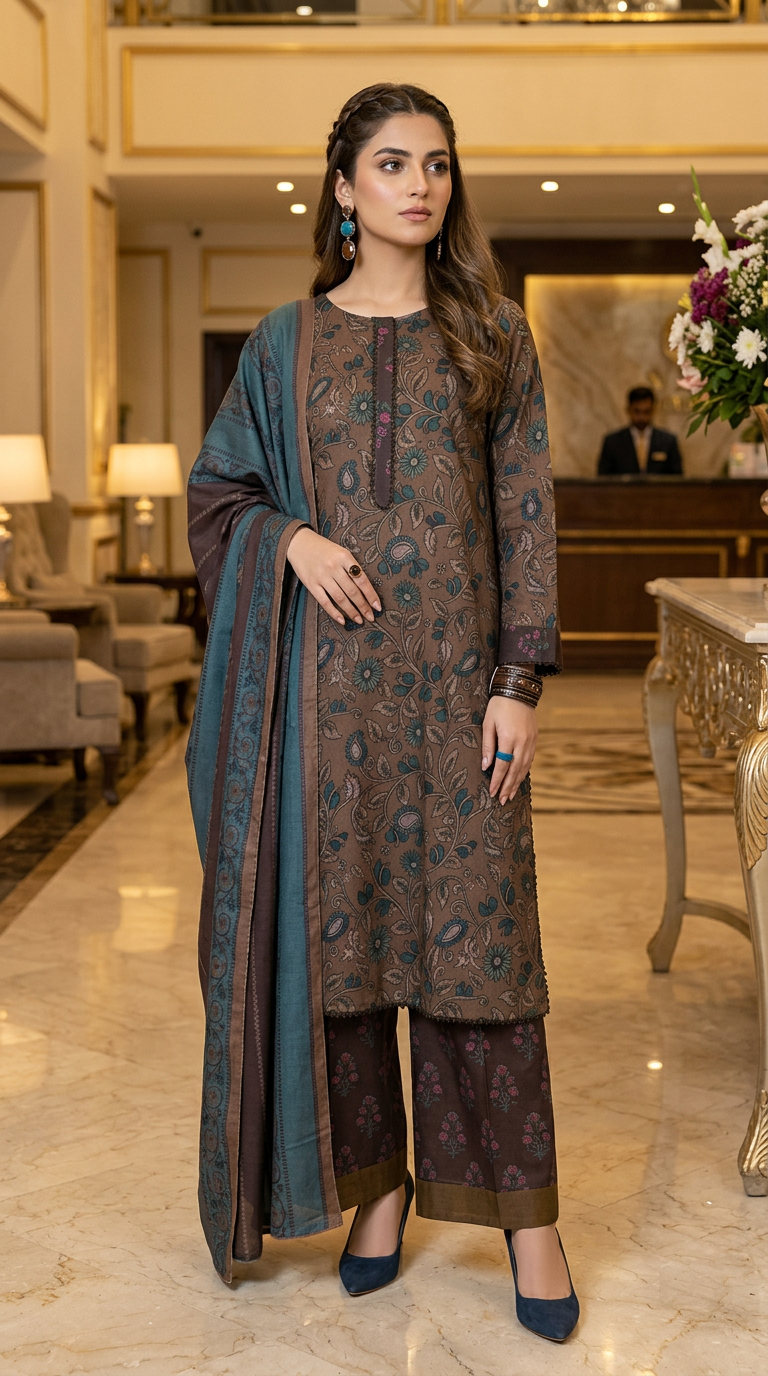 Ren Brown Ready to Wear 3 Pcs Marina Dress with Shawl