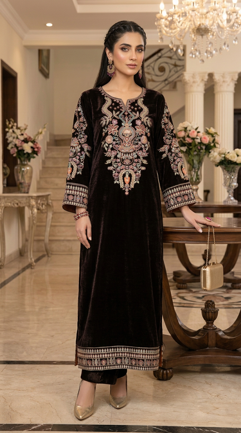 Reema Brown Velvet Fully Embroidered 2 Pcs Dress