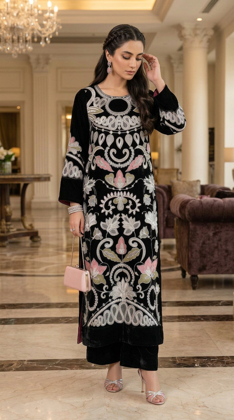 Sush Velvet Ready to Wear 2 Pcs Embroidered Dress