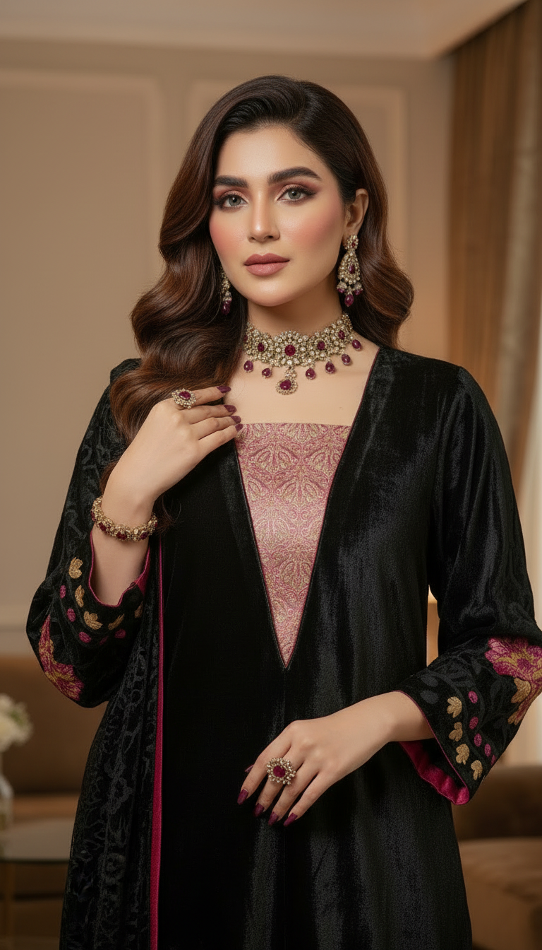 Lilly Black French Velvet 3 Pcs Dress with Velvet Shawl