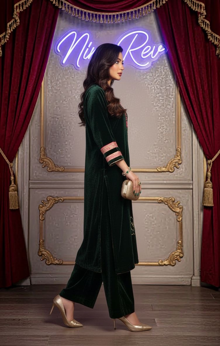 Karam Green Velvet Ready to Wear 2 Pcs Embroidered Dress