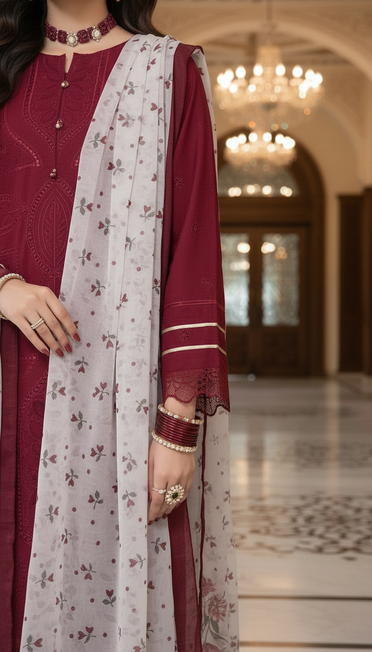 Ulfat Maroon Fully Chikankari Embroidered 3 Pcs Dress with Silk Dopatta